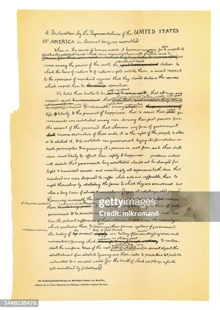 draft of the declaration of independence in thomas jefferson handwriting - constitution document stock pictures, royalty-free photos & images