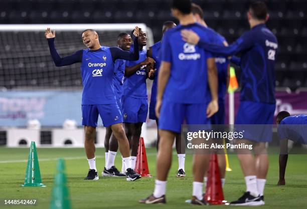 Kylian Mbappe of France reacts during France Training Session at Al Sadd SC Stadium on December 12, 2022 in Doha, Qatar.