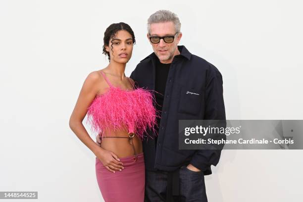 Tina Kunakey and Vincent Cassel attend the "Le Raphia" Jacquemus show on December 12, 2022 in Le Bourget, France.