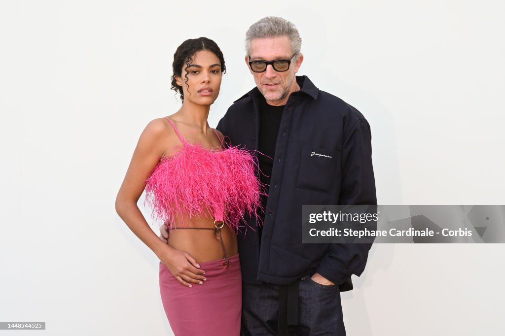 Tina Kunakey and Vincent Cassel attend the "Le Raphia" Jacquemus show