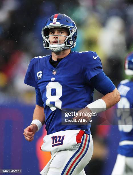 Daniel Jones of the New York Giants looks on against the Philadelphia Eagles during their game at MetLife Stadium on December 11, 2022 in East...