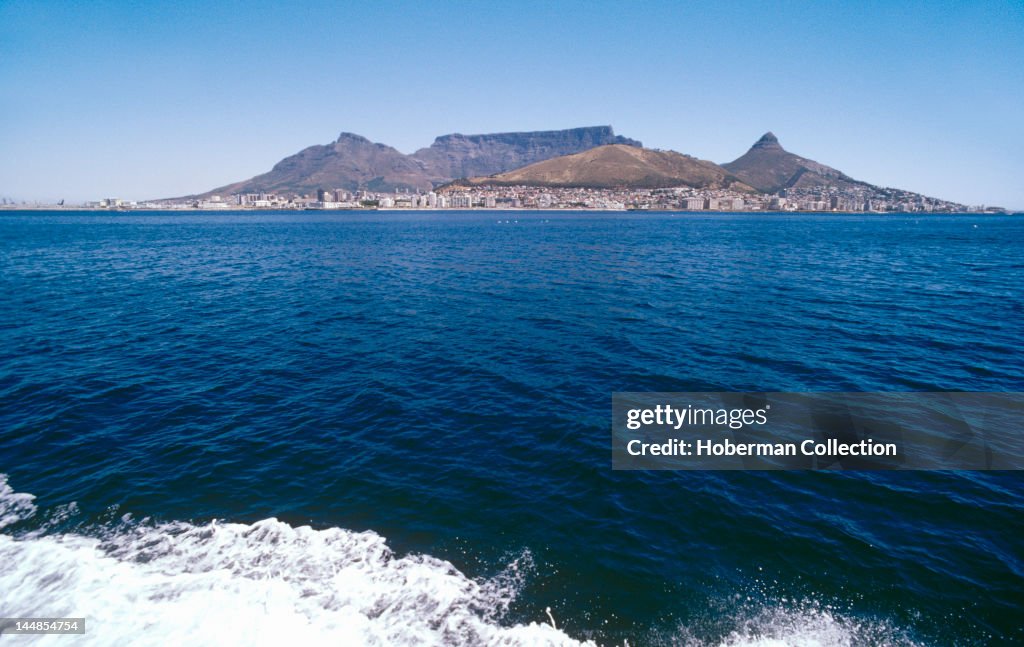View from ocean of Table Mountain and Signal Hill, Cape Town, South Africa