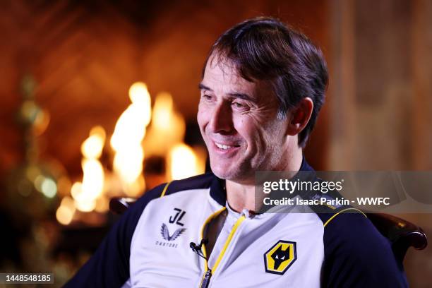 Julen Lopetegui, Manager of Wolverhampton Wanderers is interviewed following a Wolverhampton Wanderers Training Session on December 12, 2022 in...