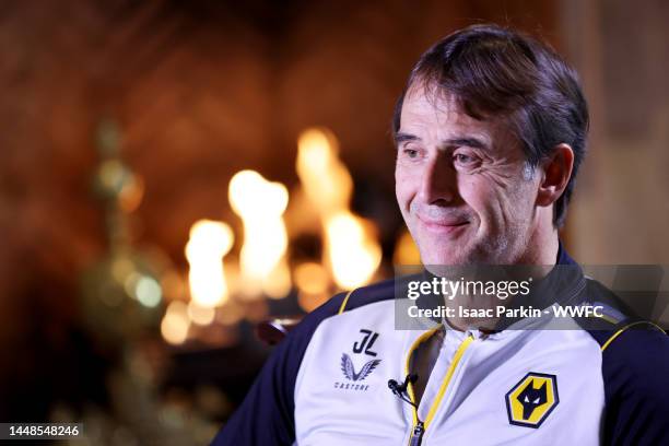 Julen Lopetegui, Manager of Wolverhampton Wanderers is interviewed following a Wolverhampton Wanderers Training Session on December 12, 2022 in...