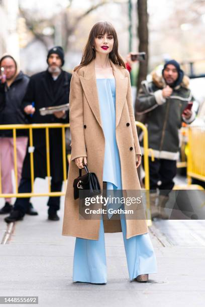 Lily Collins is seen in the Upper West Side on December 12, 2022 in New York City.