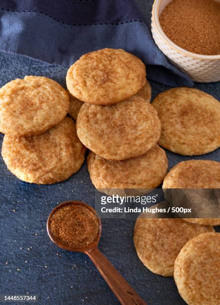 high angle view of cookies in baking sheet on table,manassas,virginia,united states,usa - snickerdoodle stock-fotos und bilder