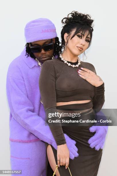 Don Toliver and Kali Uchis attend the "Le Raphia" Jacquemus show on December 12, 2022 in Le Bourget, France.