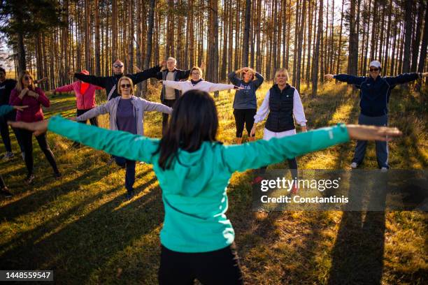in the nature, group of people, stretch out, during group fitness class leaded by instructor - the natural world stock pictures, royalty-free photos & images