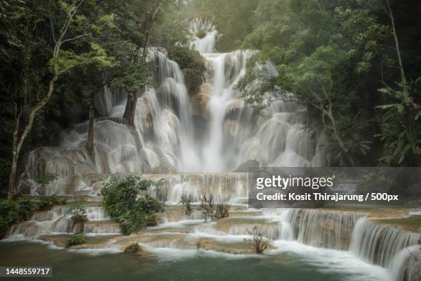 scenic view of waterfall in forest,luang prabang,laos - socialist international stock pictures, royalty-free photos & images