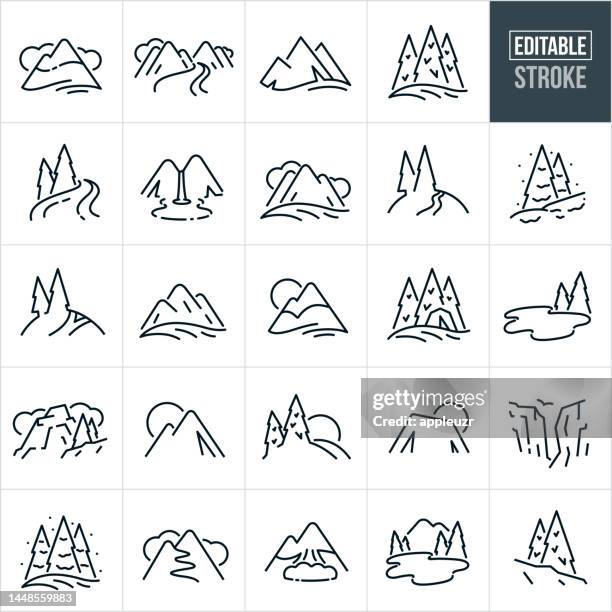 bildbanksillustrationer, clip art samt tecknat material och ikoner med mountains thin line icons - editable stroke - icons include mountains, mountain range, river, stream, pine trees, snowcapped mountain, valley, waterfall, lake, canyon, cliff, forest, tranquil scene, majestic, mountain peak - tranquil scene