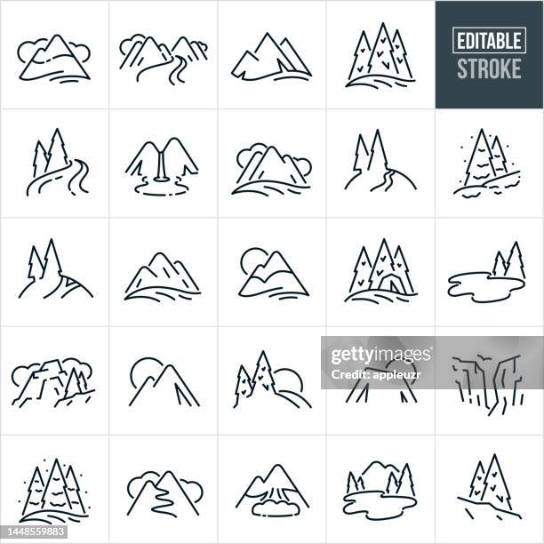mountains thin line icons - editable stroke - icons include mountains, mountain range, river, stream, pine trees, snowcapped mountain, valley, waterfall, lake, canyon, cliff, forest, tranquil scene, majestic, mountain peak - canyon 幅插畫檔、美工圖案、卡通及圖標