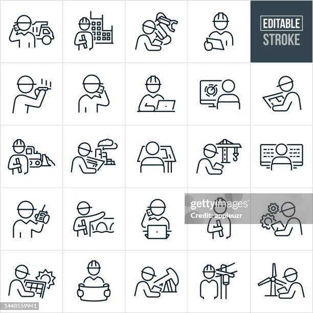 ingenieure dünne linie symbole - bearbeitbare striche - zu den symbolen gehören ingenieure, ingenieure, maschinenbauingenieure, bauingenieure, bauingenieure, chemieingenieure, elektroingenieure, softwareingenieure, architekt, bauarbeiter, blaupause, schu - konstruktionszeichnung stock-grafiken, -clipart, -cartoons und -symbole