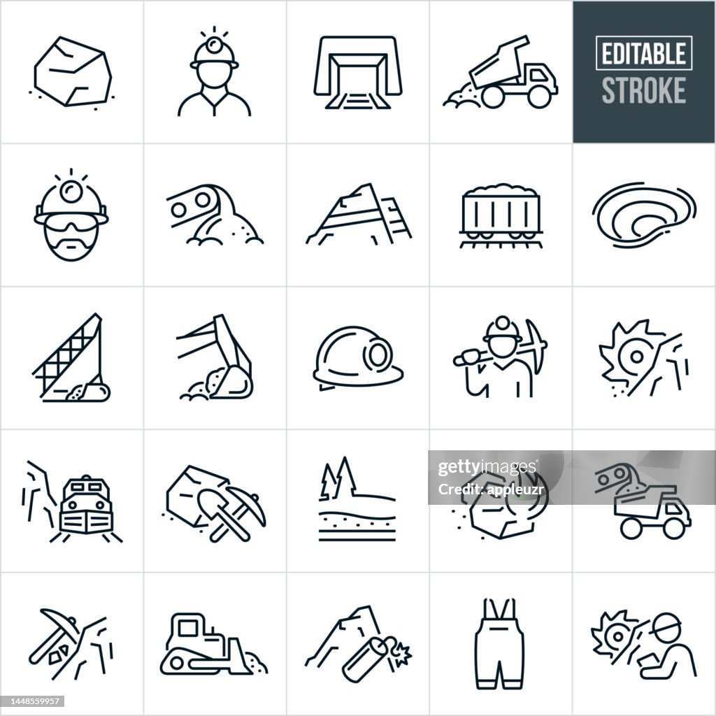 Kohlebergbau Dünne Linie Symbole - Editierbarer Strich - Zu den Symbolen gehören - Kohle, Kohlebergwerk, Kohlebergbau, Bergmann, fossile Brennstoffe, Brennstofferzeugung, Brennstoff und Energie, Bergbau, Kohlegewinnung, natürliche Ressource, Schwermasch