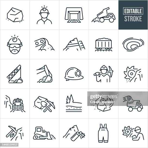 ilustraciones, imágenes clip art, dibujos animados e iconos de stock de iconos de línea delgada de minería de carbón - trazo editable - los iconos incluyen - carbón, mina de carbón, minería de carbón, minero de carbón, combustible fósil, generación de combustible, combustible y energía, minería, extracción de carb - mina de superficie