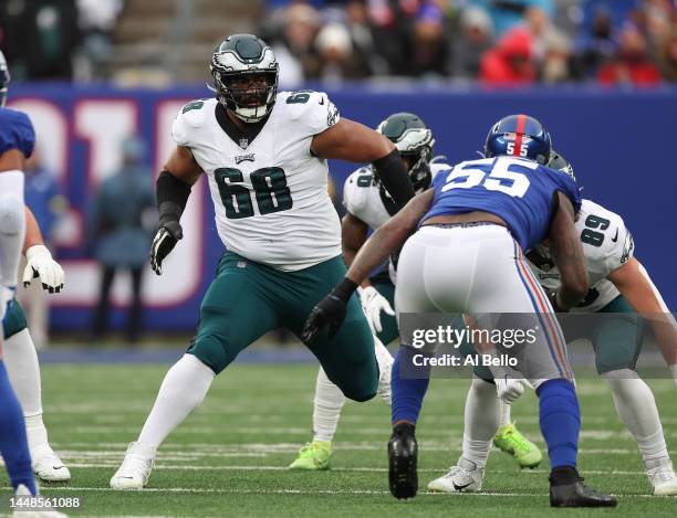 Jordan Mailata of the Philadelphia Eagles in action against Jihad Ward of the New York Giants during their game at MetLife Stadium on December 11,...