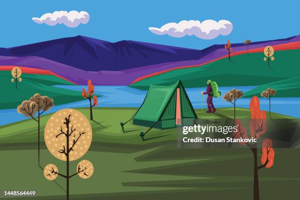 adventurous man on camping - man climbing mountain clip art stock illustrations