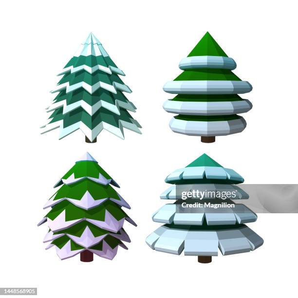winter christmas trees with snow low poly set - package mockup stock illustrations