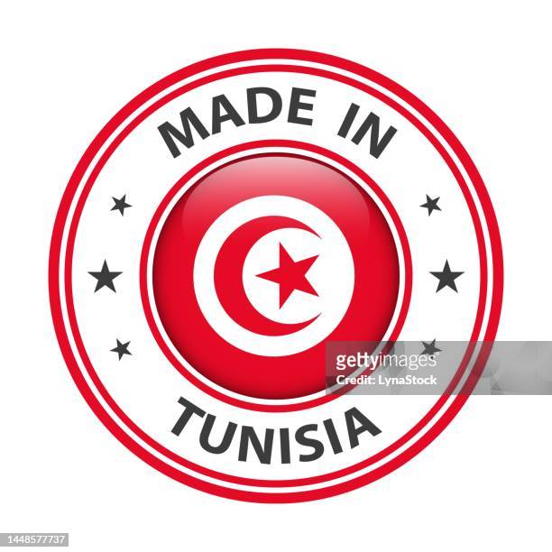 stockillustraties, clipart, cartoons en iconen met made in tunisia badge vector. sticker with stars and national flag. sign isolated on white background. - tunesië