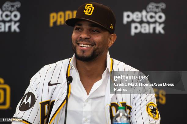 Xander Bogaerts of the San Diego Padres addresses the media at his introductory press conference at PETCO Park on December 9, 2022 in San Diego,...