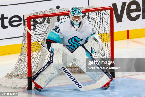 Goaltender Martin Jones of the Seattle Kraken warms up prior to the game against the Florida Panthers at the FLA Live Arena on December 11, 2022 in...