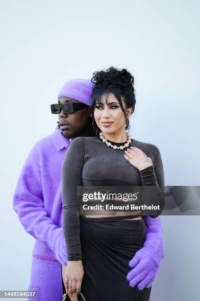 Don Toliver and Kali Uchi are seen, outside the "Le Raphia" Jacquemus show on December 12, 2022 in Le Bourget, France.