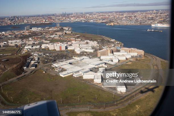 Views of the New York City jails on Rikers Island, as seen from a departing flight from Laguardia Airport on December 10, 2022 in Queens, New York.