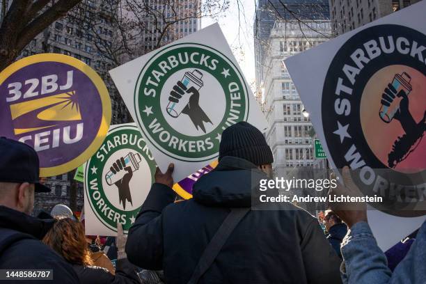 Members of a recently formed union of Starbucks workers hold a rally to celebrate the first anniversary of their founding, December 9, 2022 in New...