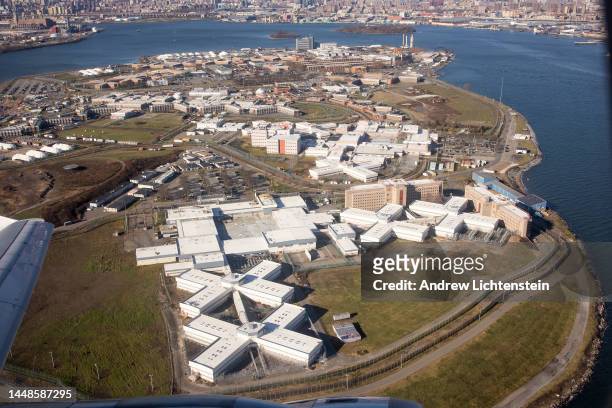 Views of the New York City jails on Rikers Island, as seen from a departing flight from Laguardia Airport on December 10, 2022 in Queens, New York.