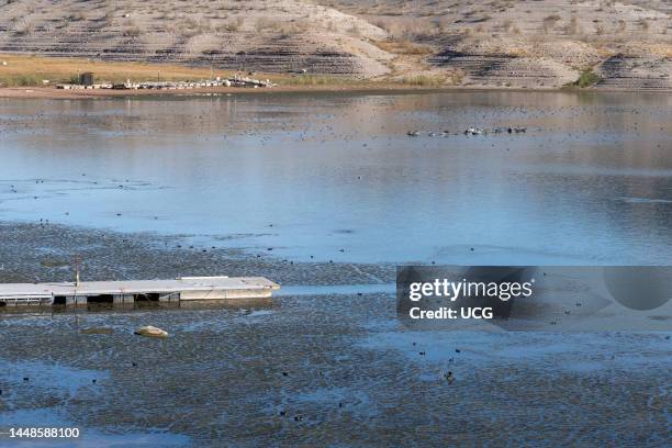 Stranded boat dock and edge of Callville Bay, Lake Mead, Nevada.