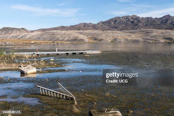 Stranded boat dock and edge of Callville Bay, Lake Mead, Nevada.