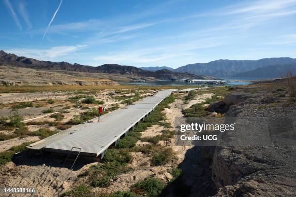 Stranded boat dock and Callville Bay, Lake Mead, Nevada.