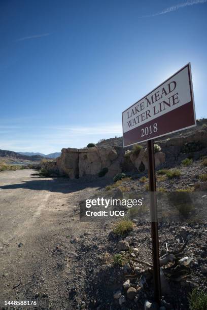 Sign marking shoreline of Lake Mead, Nevada in 2018, now well above the present shoreline.