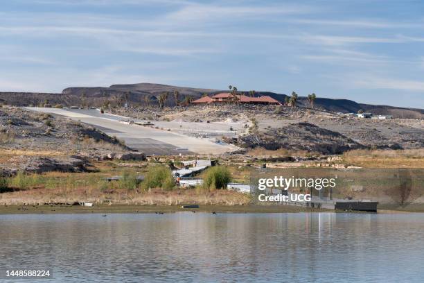 Stranded dock and marina headquarters, Callville Bay, Lake Mead, Nevada.