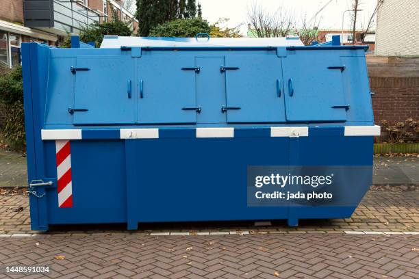 large blue steel waste container with closed steel shutters - behållare för farligt avfall bildbanksfoton och bilder