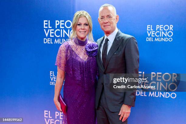 Tom Hanks and wife Rita Wilson attend the 'El Peor Vecino Del Mundo' premiere at the Capitol cinema on December 12, 2022 in Madrid, Spain.