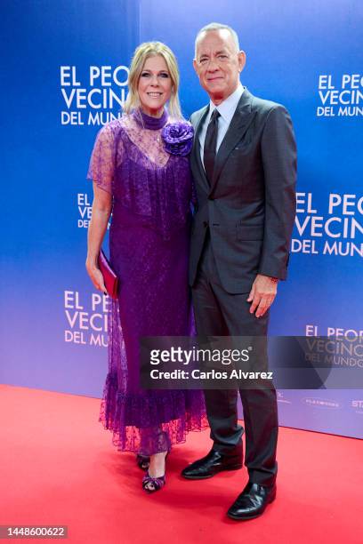 Tom Hanks and wife Rita Wilson attend the 'El Peor Vecino Del Mundo' premiere at the Capitol cinema on December 12, 2022 in Madrid, Spain.