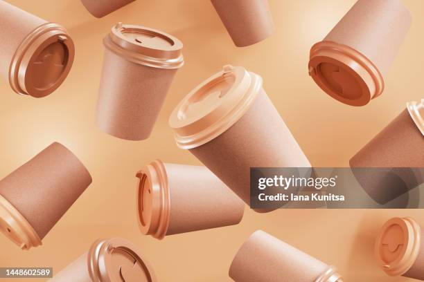 brown paper coffee cups on beige background. coffee to go. 3d pattern. - 3d cafe photos et images de collection