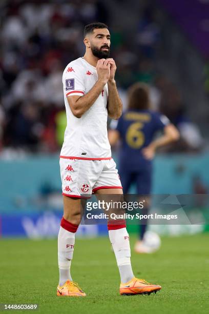 Yassine Meriah of Tunisia looks on during the FIFA World Cup Qatar 2022 Group D match between Tunisia and France at Education City Stadium on...