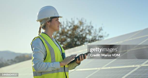 inspection, tablet and engineer working with solar energy, sustainable electricity and vision for eco friendly power in nature. power plant, renewable energy and woman with solar panels for future - control panel stock pictures, royalty-free photos & images