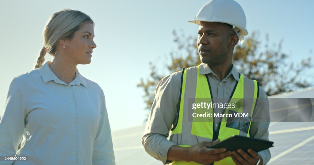 Team Tablet And Solar Panel Or Construction Conversation Engineer ...