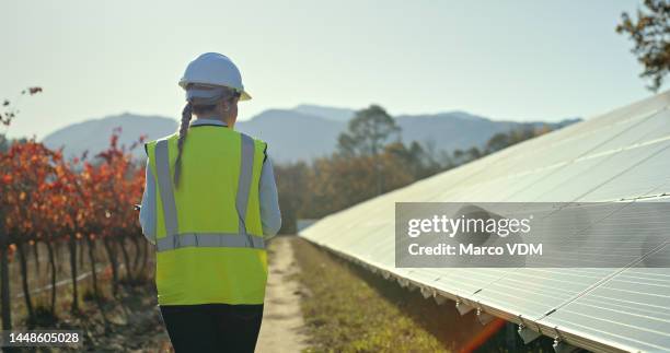 construction, solar panels and agriculture employee woman back with renewable energy at a farm. solar energy, sustainability engineering and vineyard logistics work of industrial engineer inspection - agricultural policy stock pictures, royalty-free photos & images