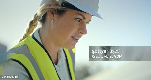 engineer, planning and construction work while thinking, strategy and idea on a job site outdoor. woman building development manager about to start working on engineering industrial plans outside - handyman stock pictures, royalty-free photos & images