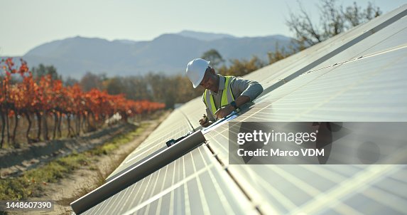 Black man, engineer or solar energy management in electricity sustainability, solar panels or sun grid plant. Worker, employee or technician on renewable energy farm, biodegradable environment or eco