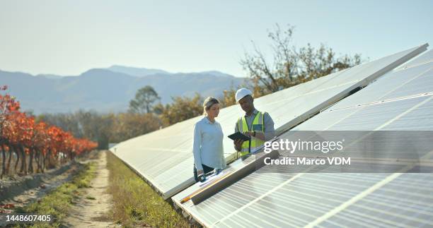 solar energy, engineering team and planning on tablet in construction, architecture or renewable energy on farm. digital tech, solar panels and industrial consulting logistics, sustainability and app - agriculture innovation stock pictures, royalty-free photos & images