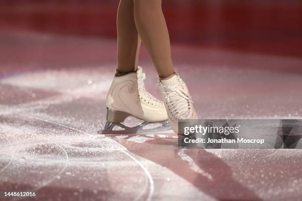 Details on the Ice Skates of the Women's Silver Medalist Isabeau Levito of USA are seen as she performs during the Exhibition Program of the ISU...