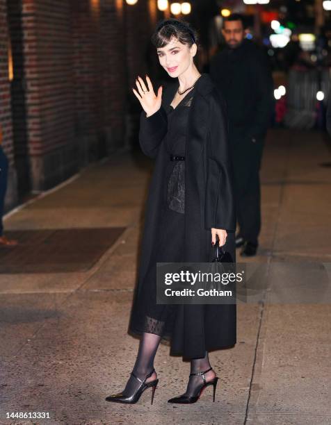 Lily Collins arrives at Stephen Colbert show on December 11, 2022 in New York City.