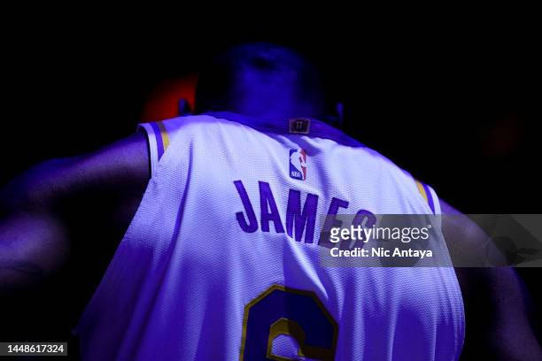 Detail is pictured of the back of the sports jersey of LeBron James of the Los Angeles Lakers against the Detroit Pistons at Little Caesars Arena on...