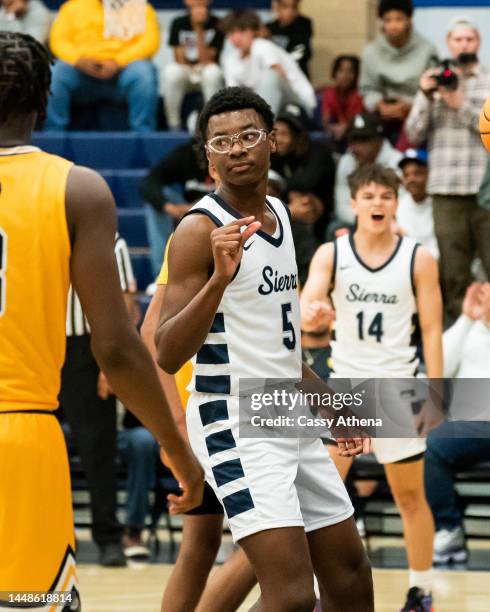 Bryce James celebrates after a basket at the Sierra Canyon vs King Drew boys basketball game at Sierra Canyon High School on November 16, 2022 in...