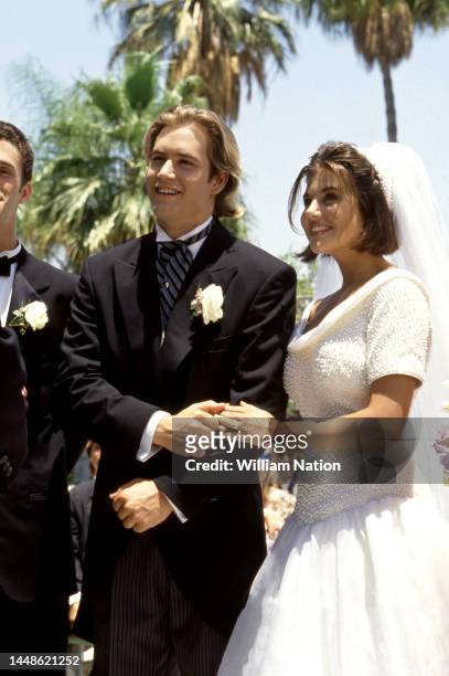 American actors Dustin Diamond , Mark-Paul Gosselaar and American actress Tiffani Amber Thiessen during The Saved By The Bell wedding, Las Vegas,...