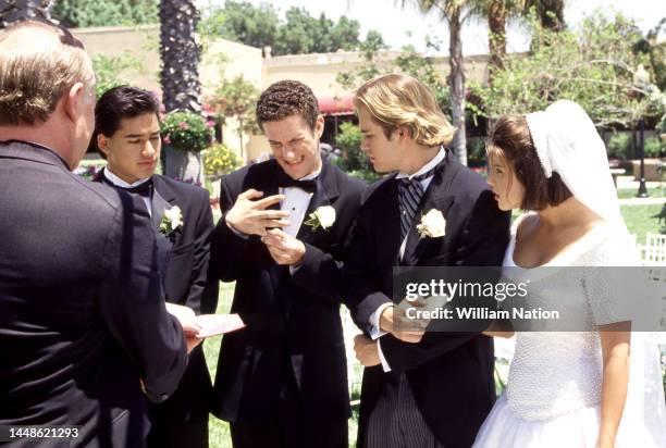 Actors Mario Lopez , Dustin Diamond Mark-Paul Gosselaar and American actress Tiffani Amber Thiessen during The Saved By The Bell wedding, Las Vegas,...